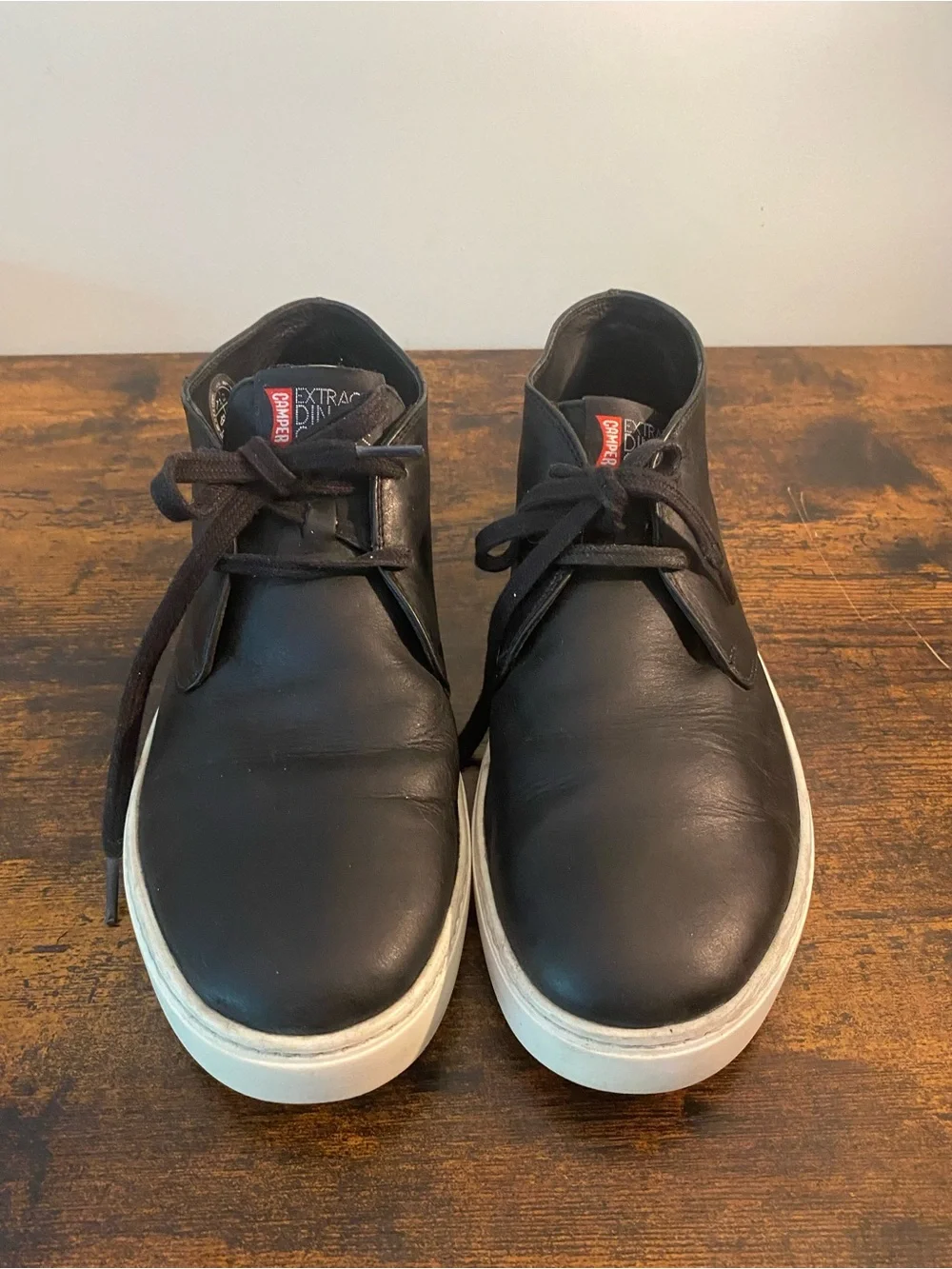 Camper Black Leather Chukka Boots with White Soles